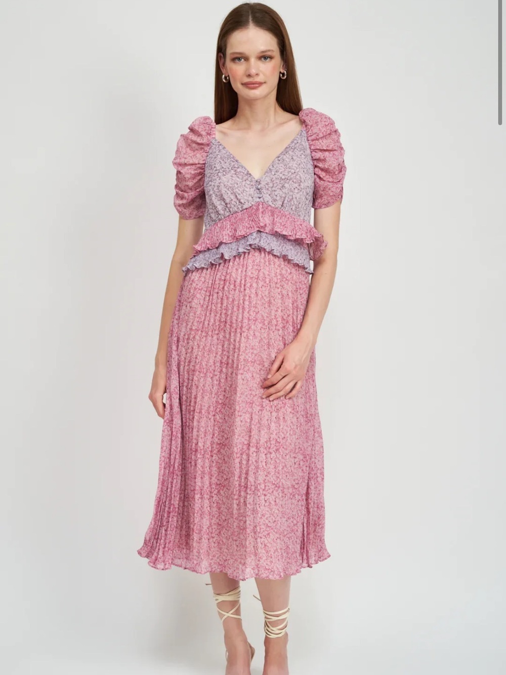 En Saison Pink Floral Ruffle Midi Dress
